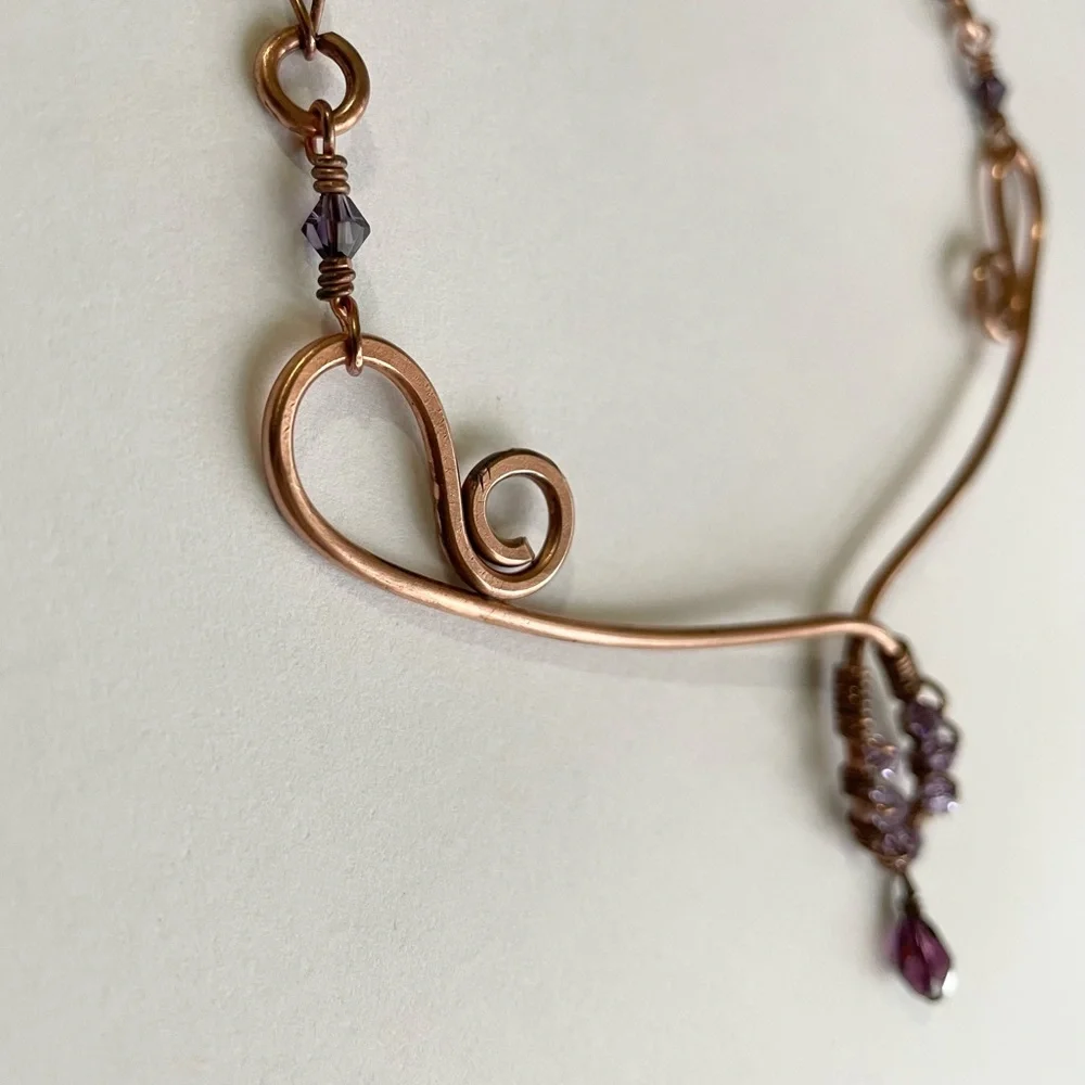 Copper Scroll Necklace Beaded Plum and Lilac‎ Crystals Elegant Rustic Handmade